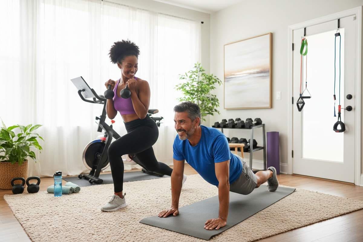 Couple in their 50s working out at home