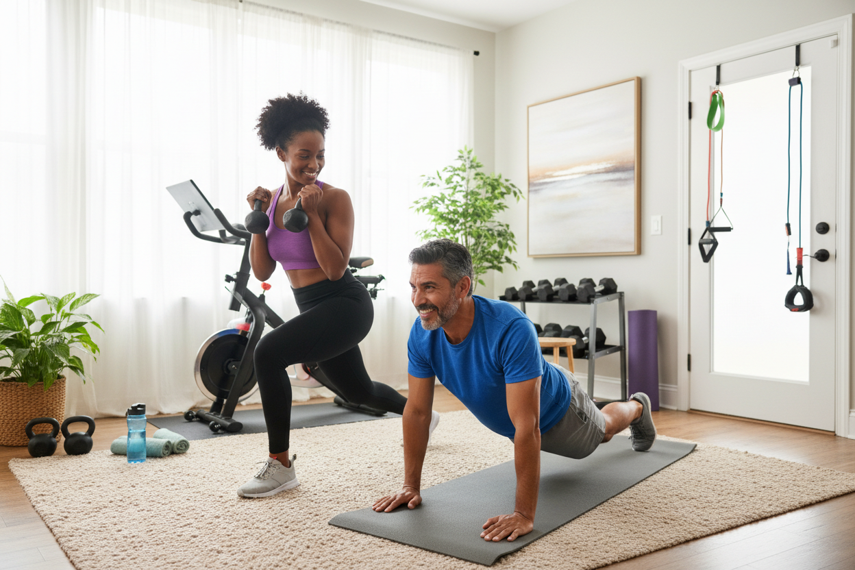 Couple in their 50s working out at home